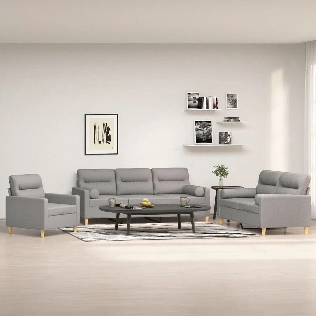 vidaXL 3 pcs conjunto de sofás c/ almofadões tecido cinza-claro