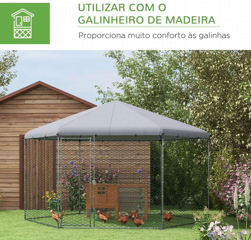 Galinheiro Grande de Exterior em Aço 400x346x263 cm Estrutura Hexagonal Coberta com Tecido Oxford Prata