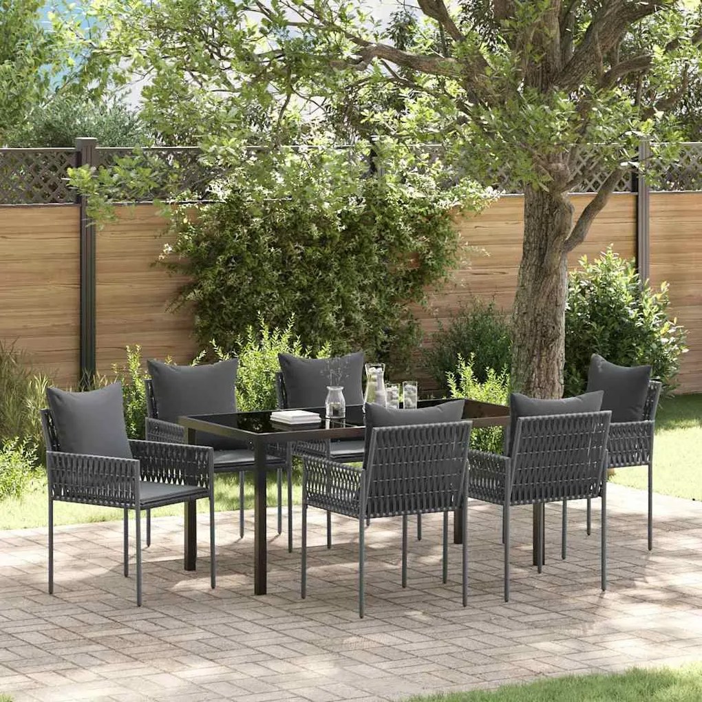 vidaXL Conjunto de Jantar de Jardim com 7 Peças e Almofadas Pretas em Rattan.