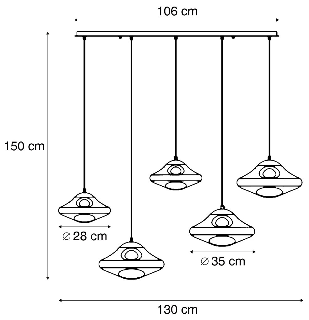 Candeeiro suspenso de design preto com vidro fumado 5-luzes - Gus