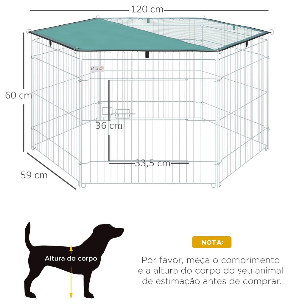 PawHut Parque para Animais de Estimação com 6 Painéis 59x60cm Dobrável Cerca para Animais de Estimação com Porta com Trava e Toldo Superior para Jardim Pátio Exterior Prata