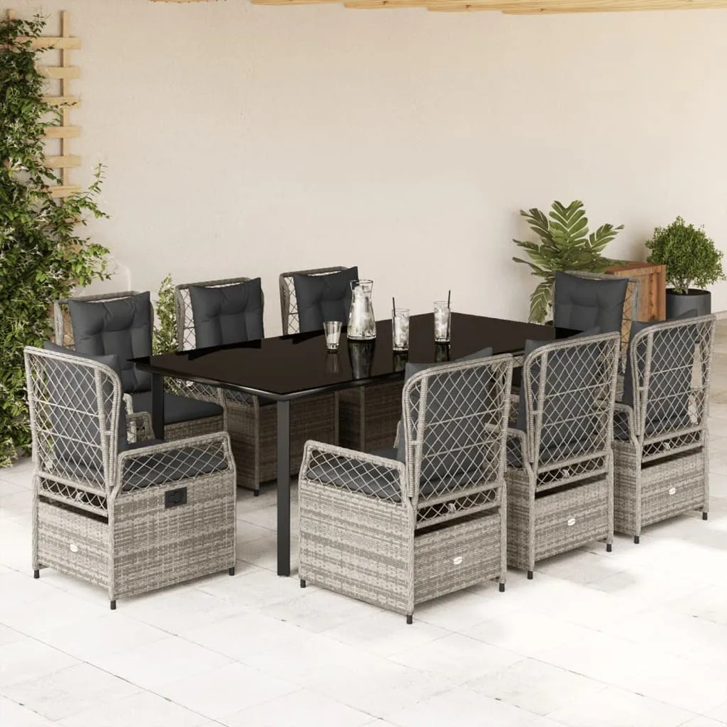 9 pcs conjunto de jantar p/ jardim c/ almofadões vime PE cinza