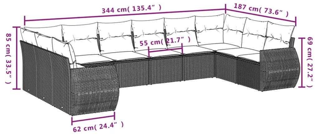 11 pcs conjunto sofás de jardim c/ almofadões vime PE preto
