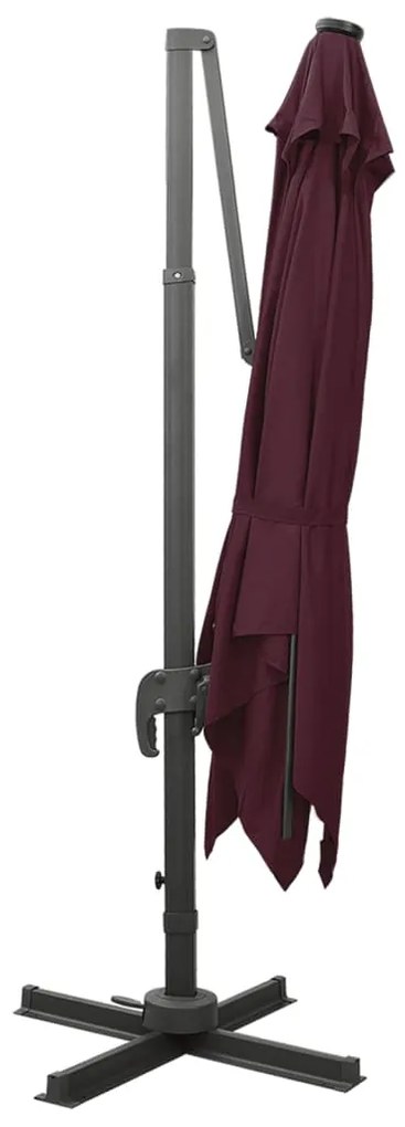 Guarda-sol jardim cantilever c/ poste e luzes LED 300 cm bordô