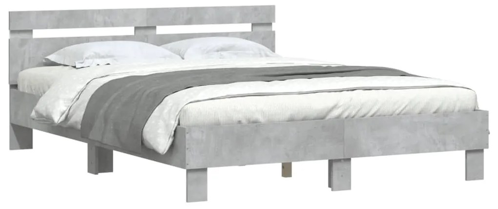 Estrutura cama cabeceira e luzes LED 140x200cm cinzento cimento