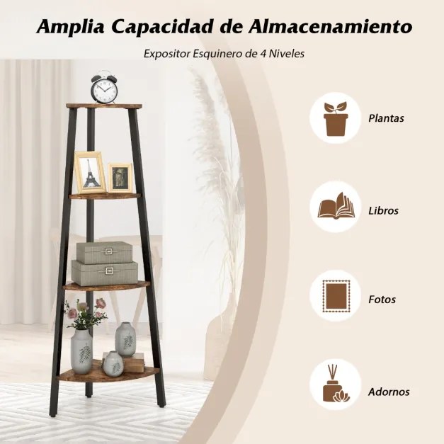 Estante canto de 4 preateleiras Suporte industrial anti-tombamento para plantas para escritório, sala de estar, quarto, 36 x 34 x 126 cm, Castanho Rús