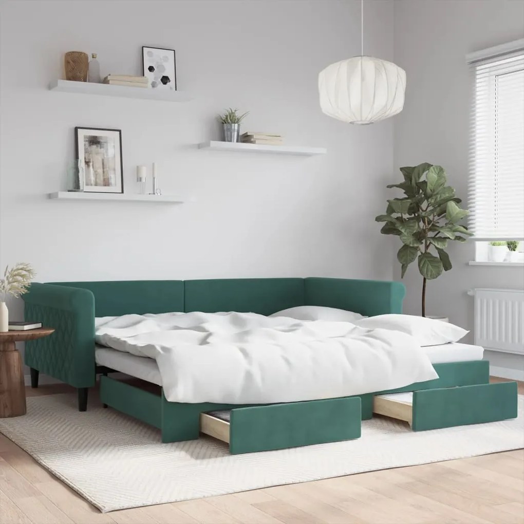 vidaXL Sofá-cama c/ gavetão e gavetas 100x200 cm veludo verde-escuro