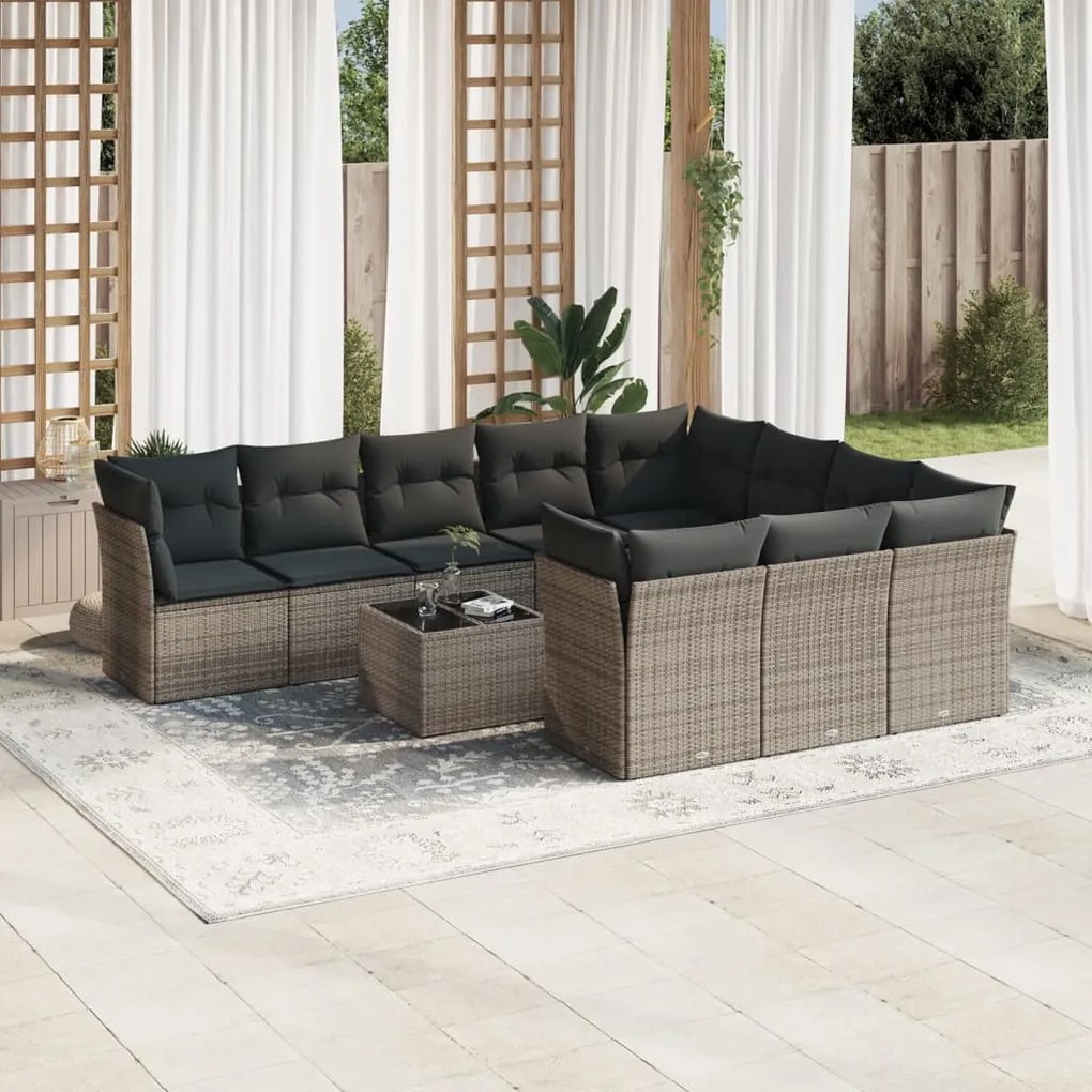 11 pcs conjunto sofás de jardim c/ almofadões vime PE cinzento