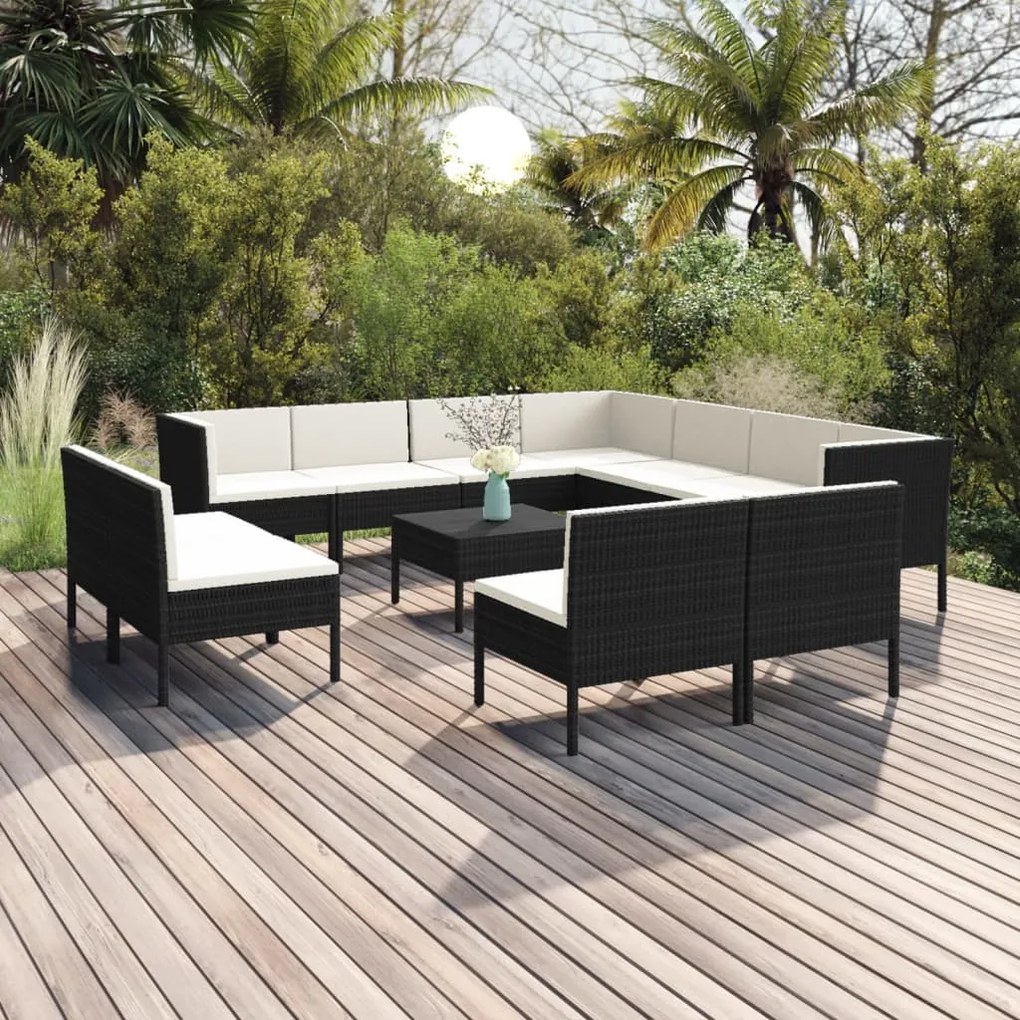 vidaXL 12 pcs conjunto lounge de jardim c/ almofadões vime PE preto