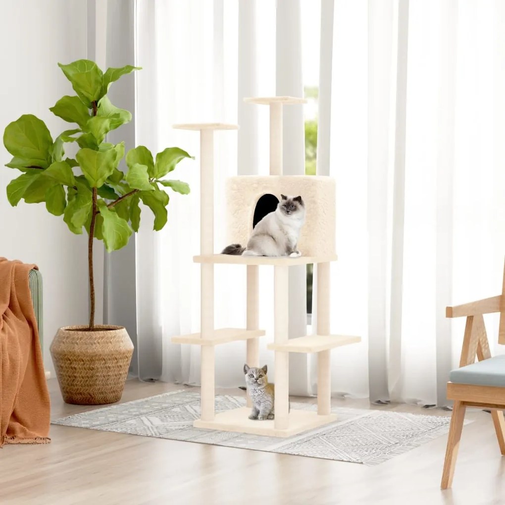 vidaXL Árvore p/ gatos c/ postes arranhadores sisal 144,5 cm cor creme