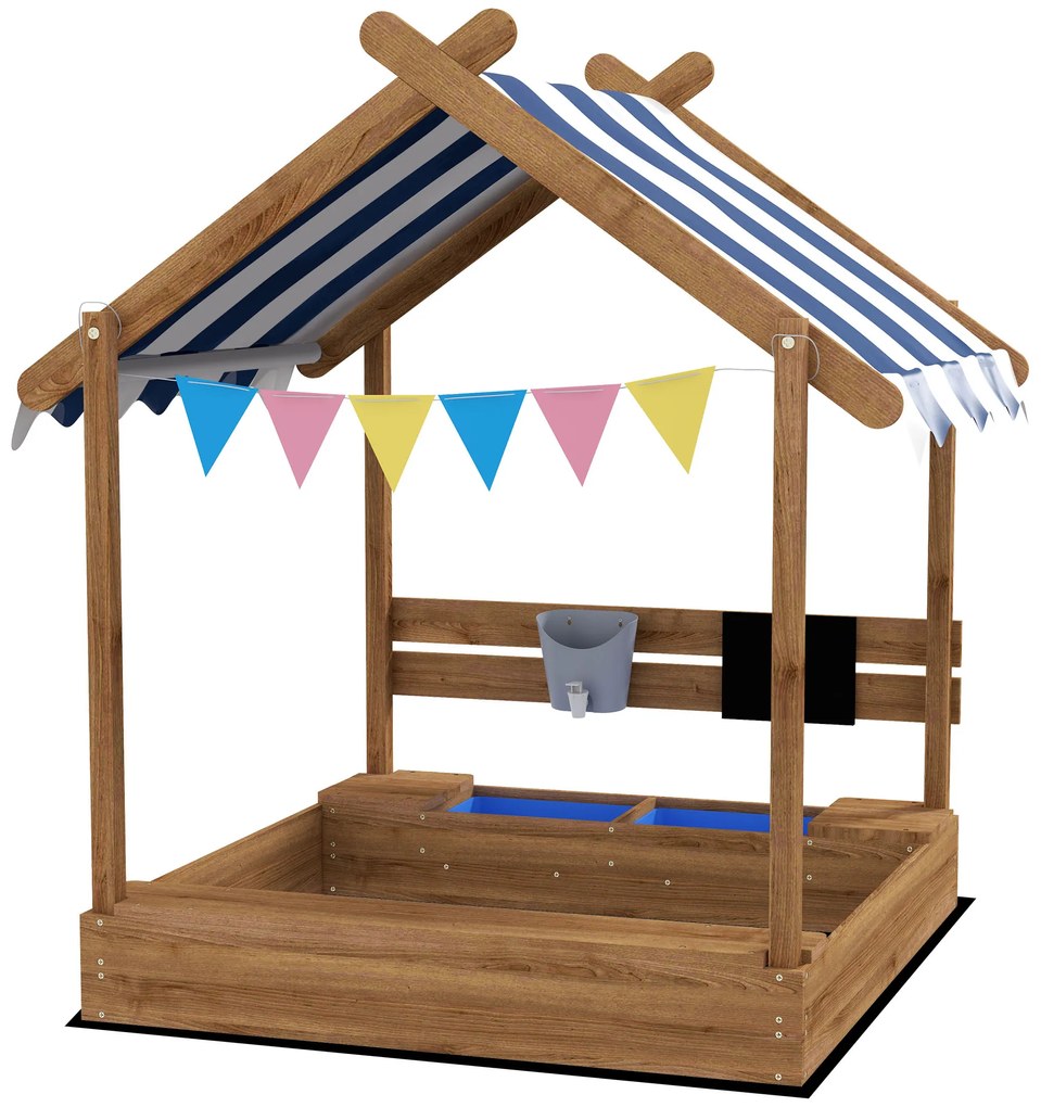 Caixa de Areia para Crianças de Madeira com Toldo Torneira e Ardósia para Pátio Jardim 124x116x146 cm Castanho