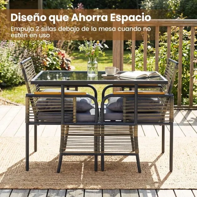 Conjunto Jardim de 3 peças de vime com almofadas, mesa retangular e cadeiras para varanda ou jardim castanho e cinza escuro