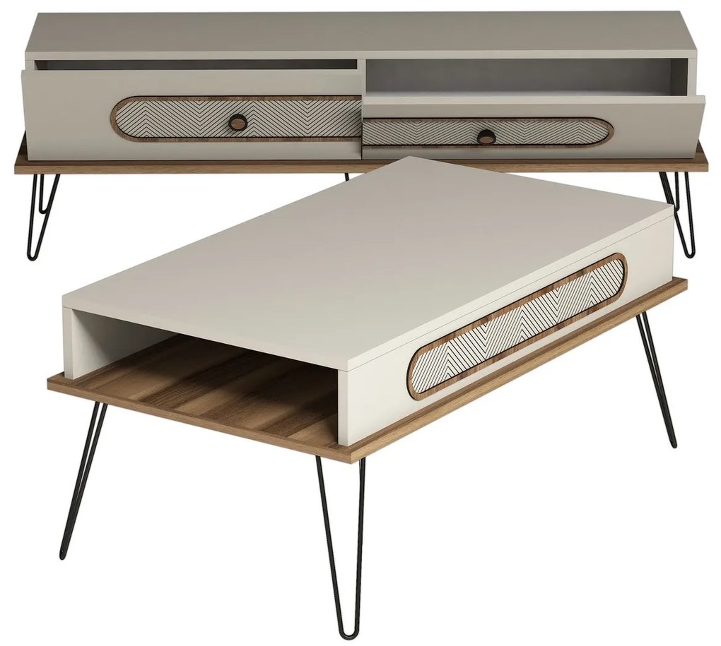 Conjunto de Mobiliário de Sala de Estar Ekol – Creme – TV Unit 145x45x