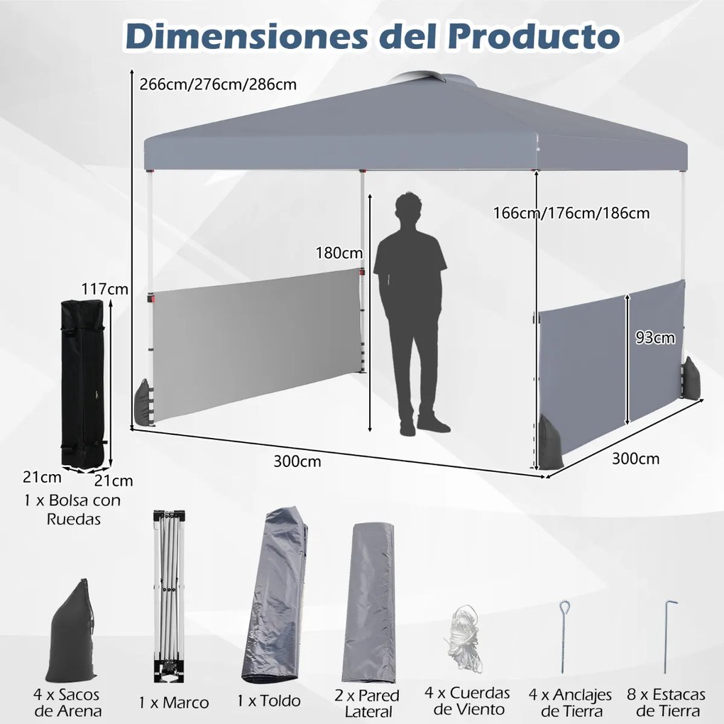 Tenda Jardim pop up 300 X 300 CM com 2 Paredes Laterais com Bolsa , 4 Sacos de areia 8 Estacas 4 Ancoras feiras, festas, eventos Cinzento