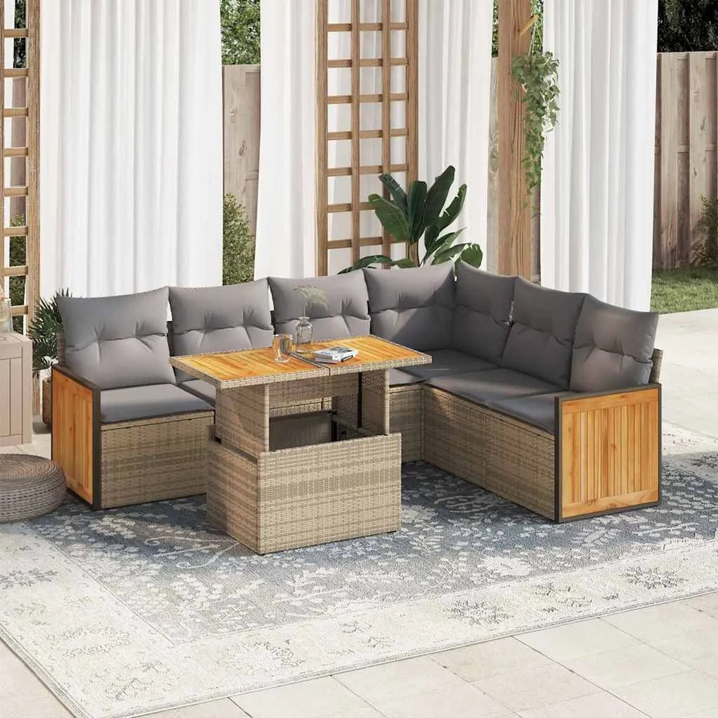 vidaXL 7 pcs conjunto sofás jardim com almofadões vime PE/acácia bege