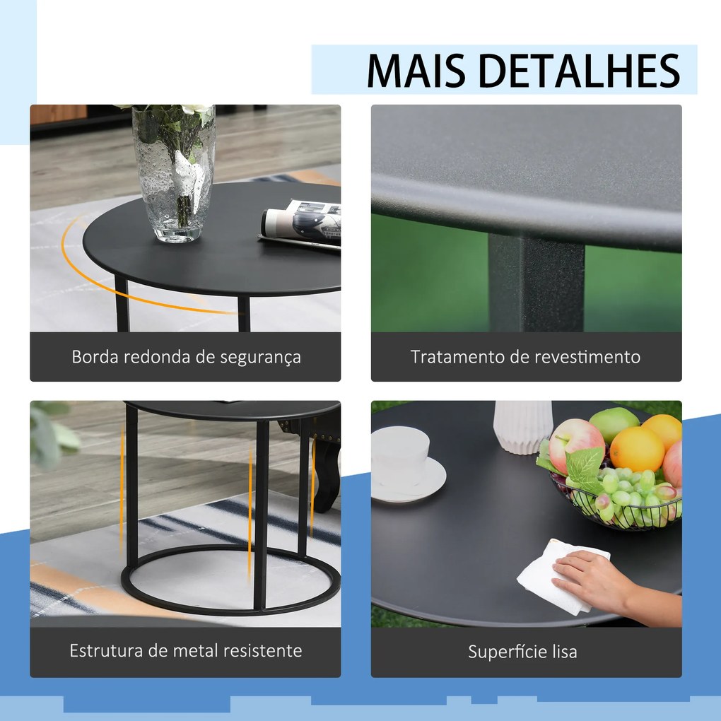 Outsunny Conjunto de 2 Mesas de Café Ø70x50 cm e Ø50x43 cm Mesas Auxiliares Redondas de Metal para Sala de Estar Dormitório Carga Máxima 25kg Preto