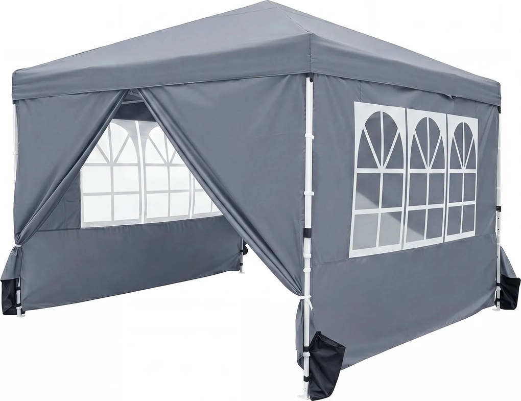 Tenda Dobrável de Exterior feiras, eventos, festas, 300 x 300 x 250-268 cm, 4 Paredes Removíveis e 4 sacos areia Cinzento