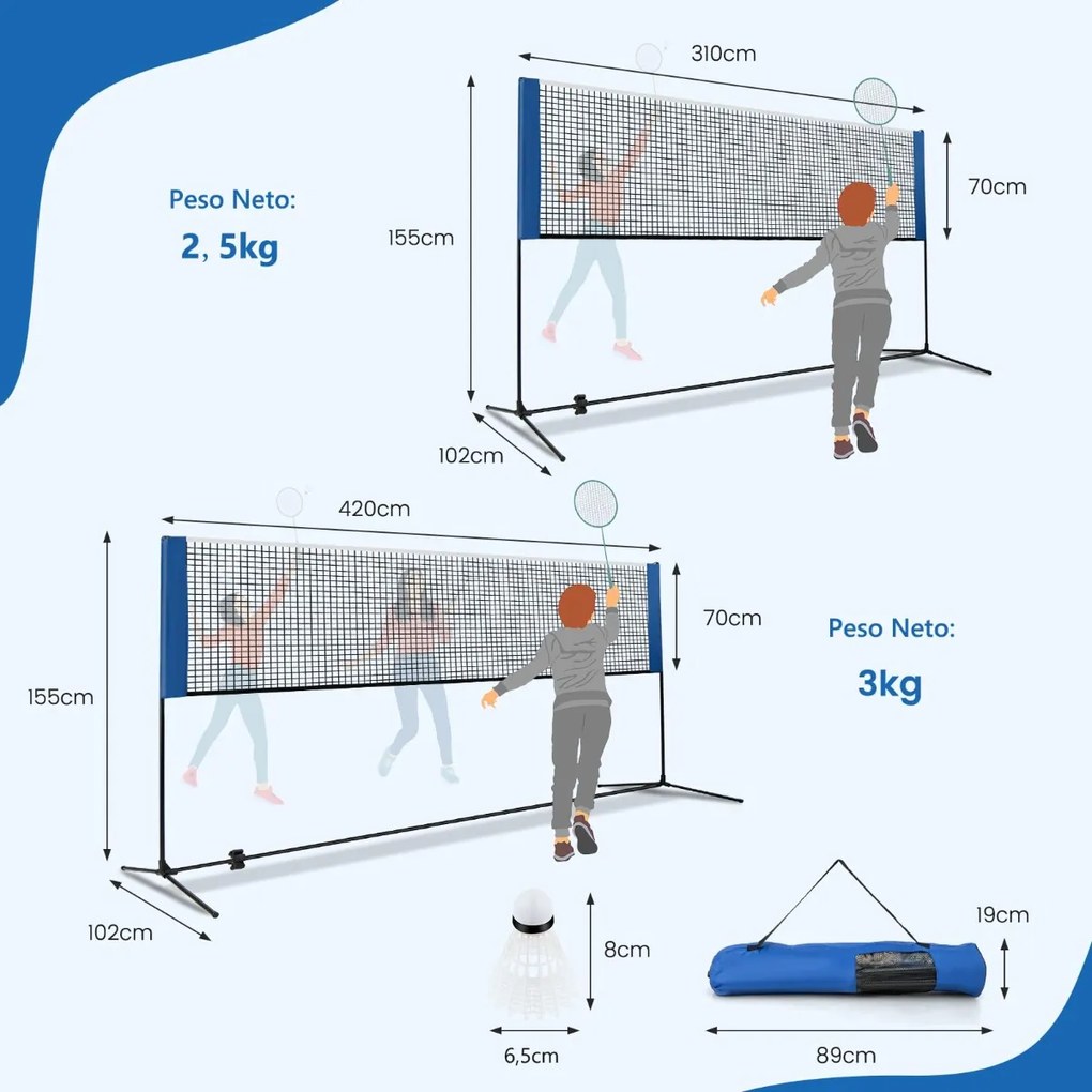 Rede de Badminton 420 cm Portátil Ajustável em Altura com Postes, Bolsa de Transporte e 2 Penas para Interior e Exterior  Azul