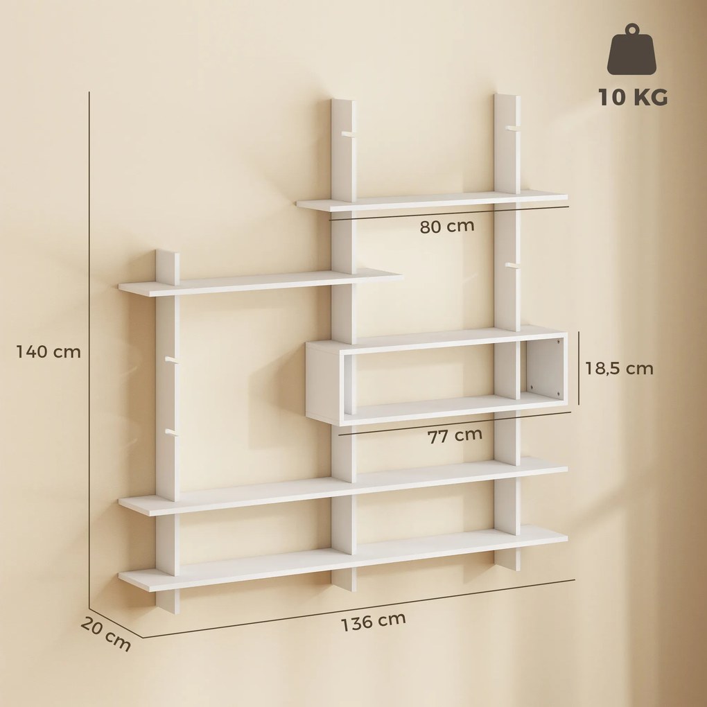 Estante Flutuante de Parede Geométrica Branca 136x20x140 cm com 4 Níveis e Compartimento Central Branco