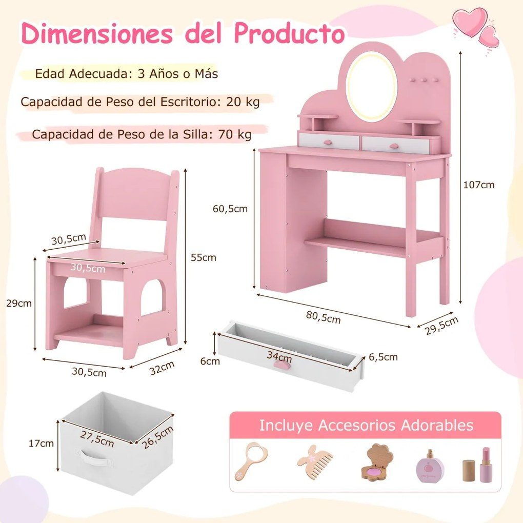 Toucador infantil com luzes e cadeira de princesa com 2 gavetas e Estante de 2 níveis, 3 ganchos e 2 prateleiras abertas Rosa