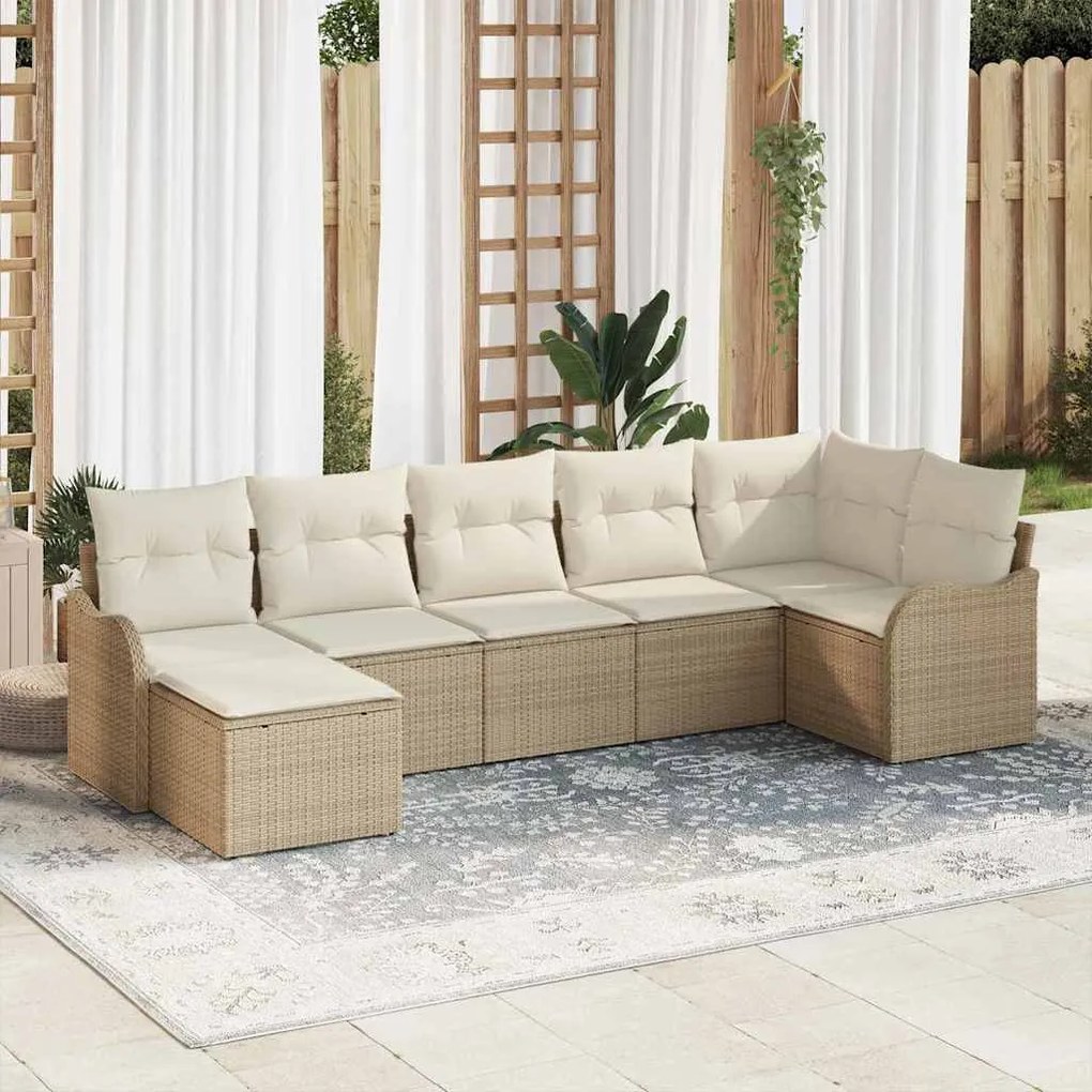 Conjunto de Sofá de Jardim vidaXL 7 Peças com Almofadas Bege Rattan Poliéster