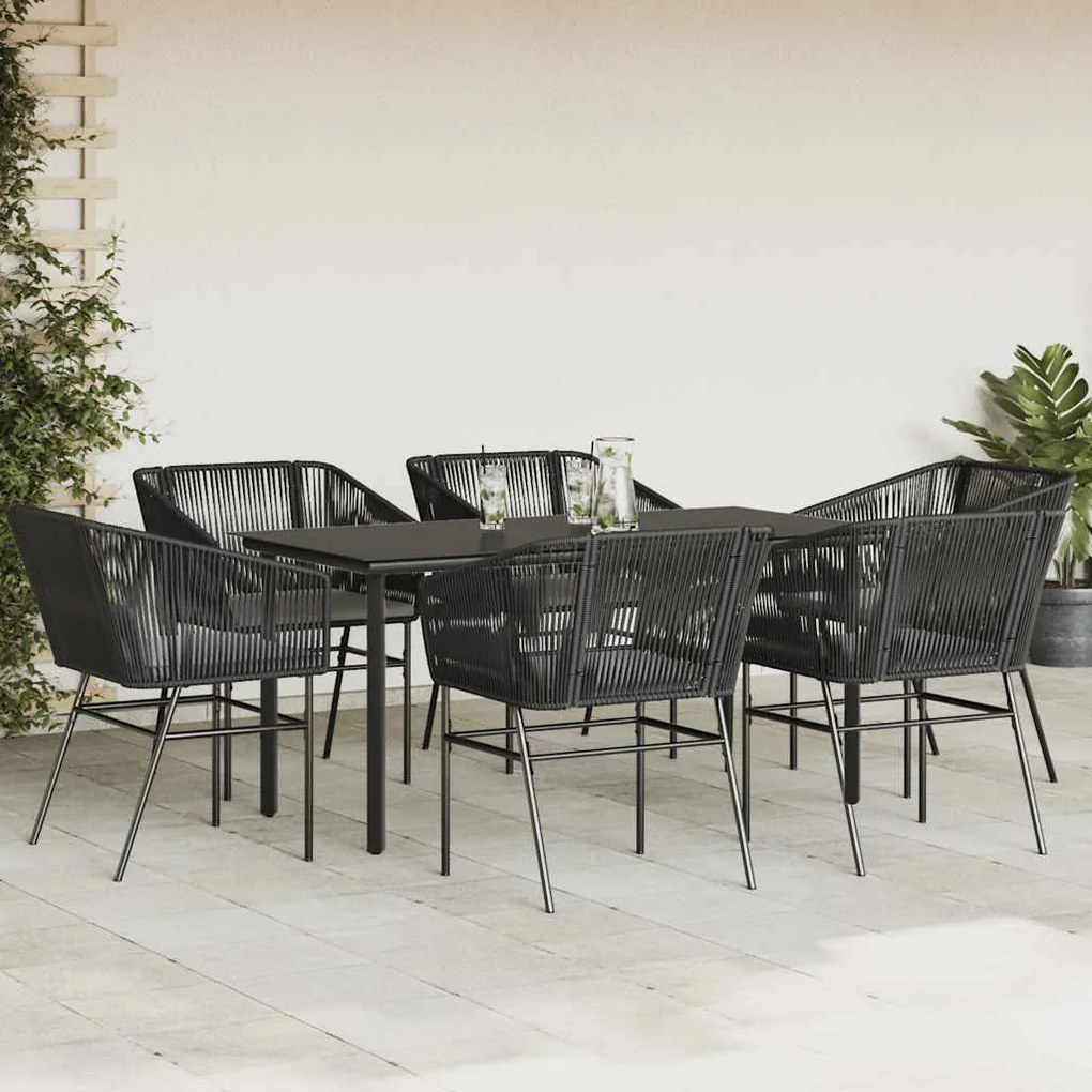 Conjunto de jantar jardim 7 peças almofadas vidro vime PE preto