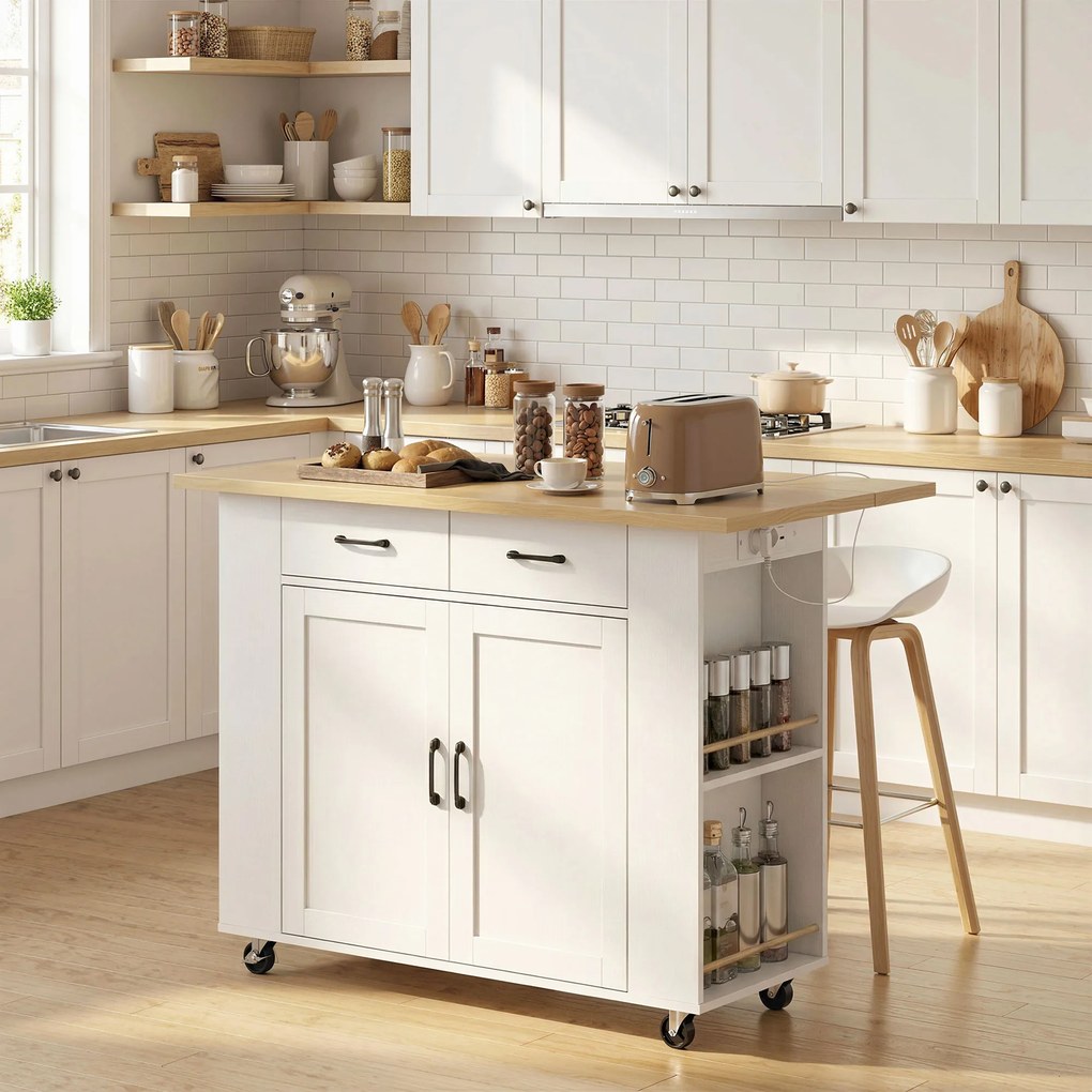 Carrinho de cozinha com Rodas, Ilha de cozinha 120 x 71 x 89 cm com estação de carregamento, e bancada rebatível, 2 gavetas, branco