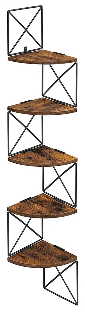 Prateleira de canto suspensa com cinco prateleiras para organização. | VASAGLE | 20 x 20 x 127,5 cm | castanho rústico|preto | LLS851B01.