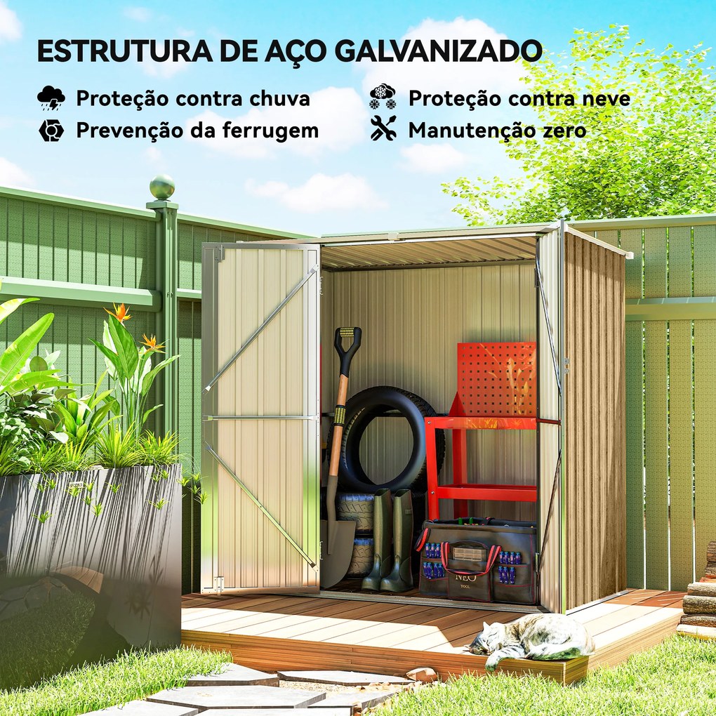 Abrigo de Jardim Exterior Metálico 1,37 m² 163x89x163 cm com Telhado Inclinado Portas com Fecho e Luvas Castanho