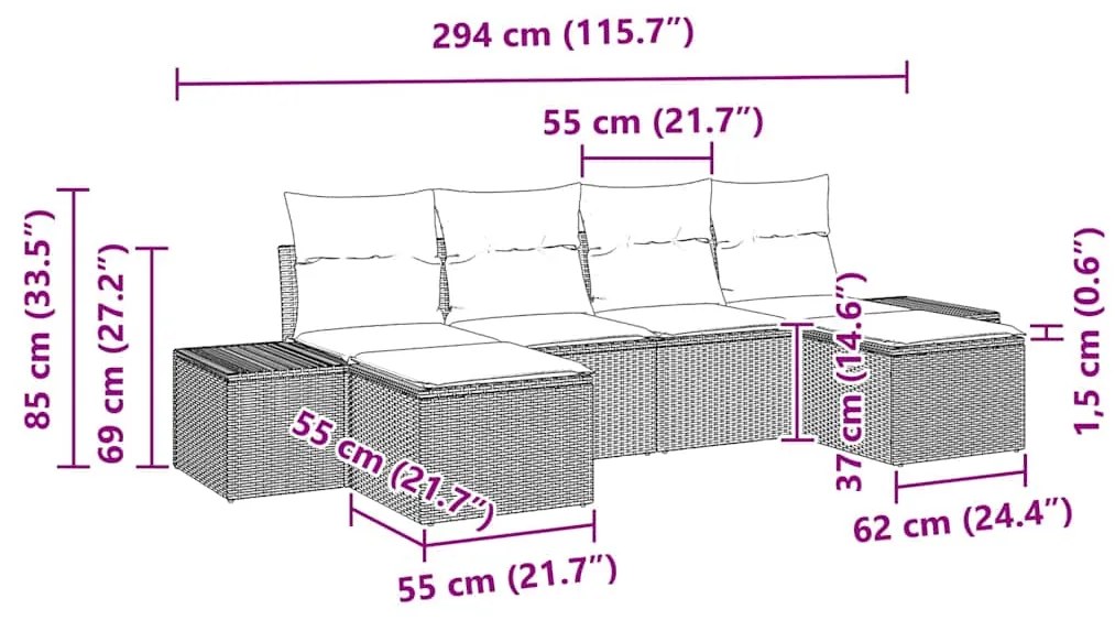 Conjunto de Sofá Jardim 6 Peças com Almofadas Bege Vime PE Acácia