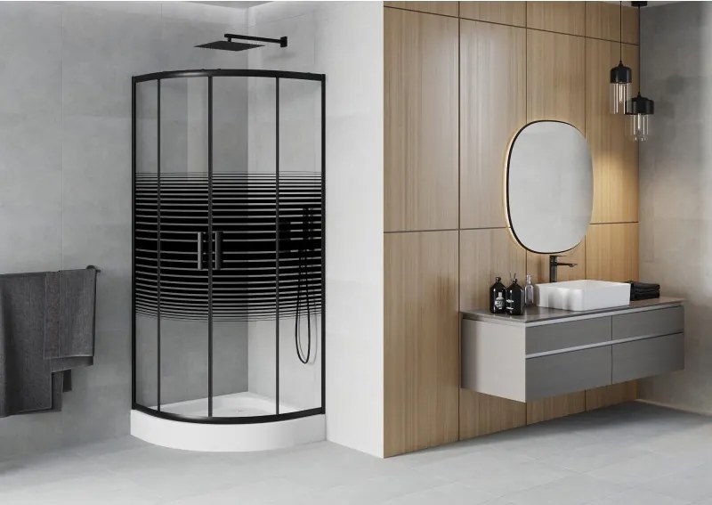 Mexen Rio cabine de duche semicircular 70 x 70 cm, faixas pretas, preta + base de duche, branco - 863-070-070-70-20-4710