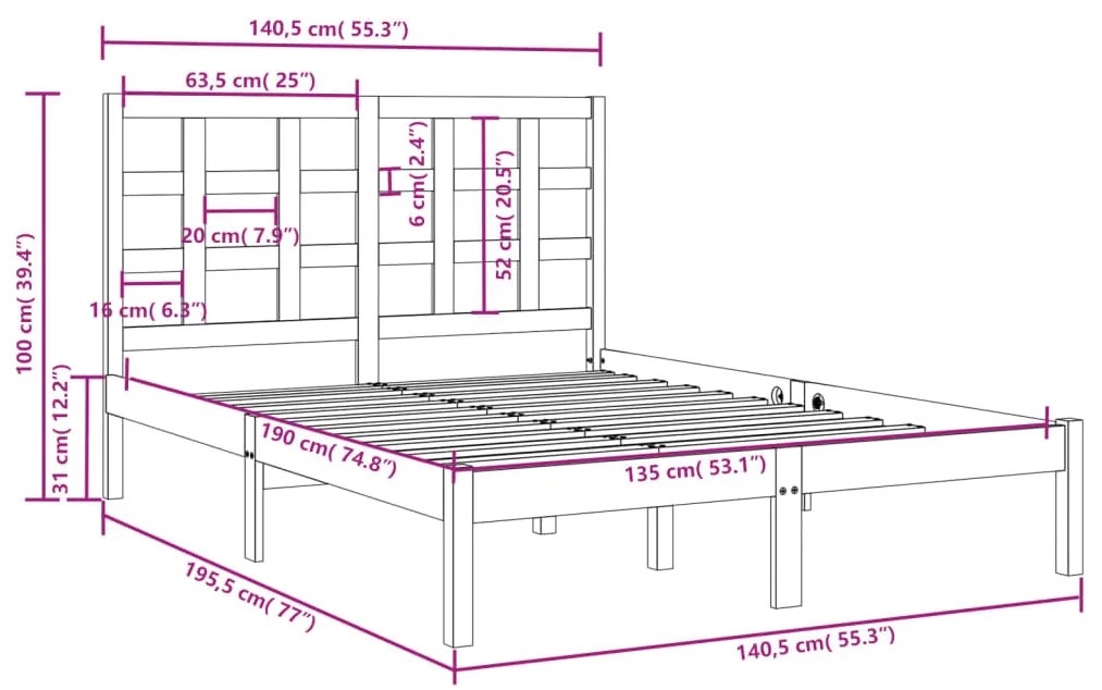 Estrutura de cama dupla 135x190 cm madeira maciça branco