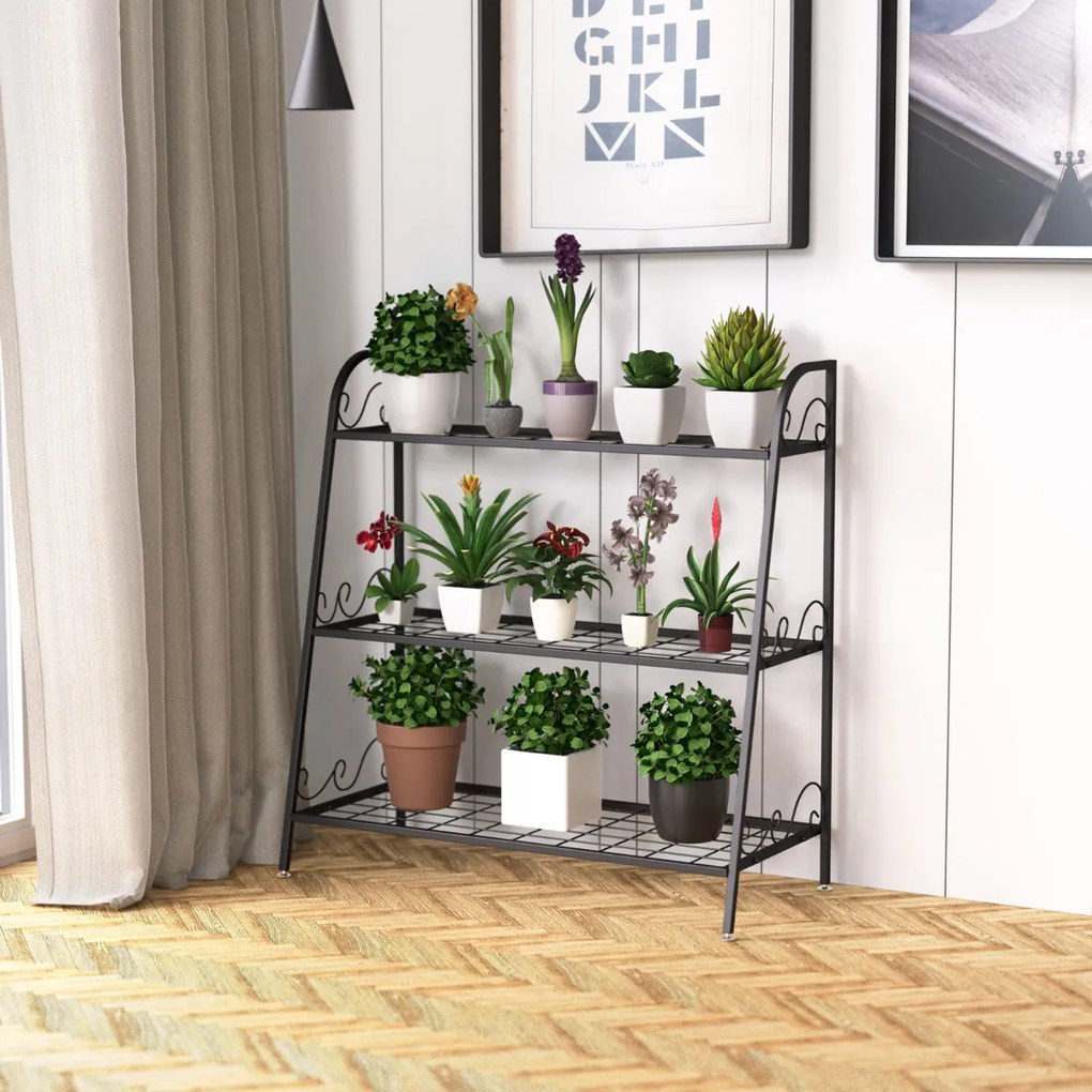 Estante metálica para plantas com 3 níveis Suporte para flores para jardim, varanda  81 x 35 x 82 cm Preto