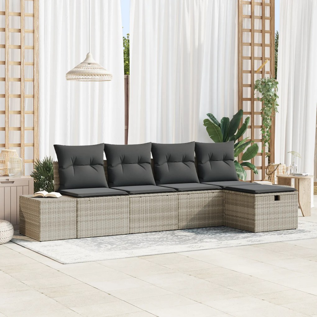 Conjunto de Sofá de Jardim de 5 Peças com Almofadas Cinza Claro Rattan