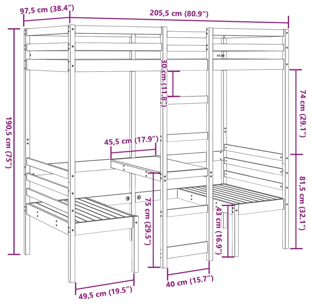 Cama alta com secretária e cadeiras 90x200 cm pinho maciço