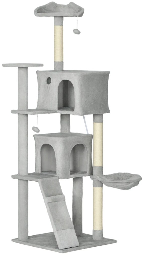 PawHut Arranhador para Gatos com Múltiplas Plataformas Cama 2 Cavernas Rede Escada Postes de Sisal 56x56x180 cm Cinza | Aosom Portugal