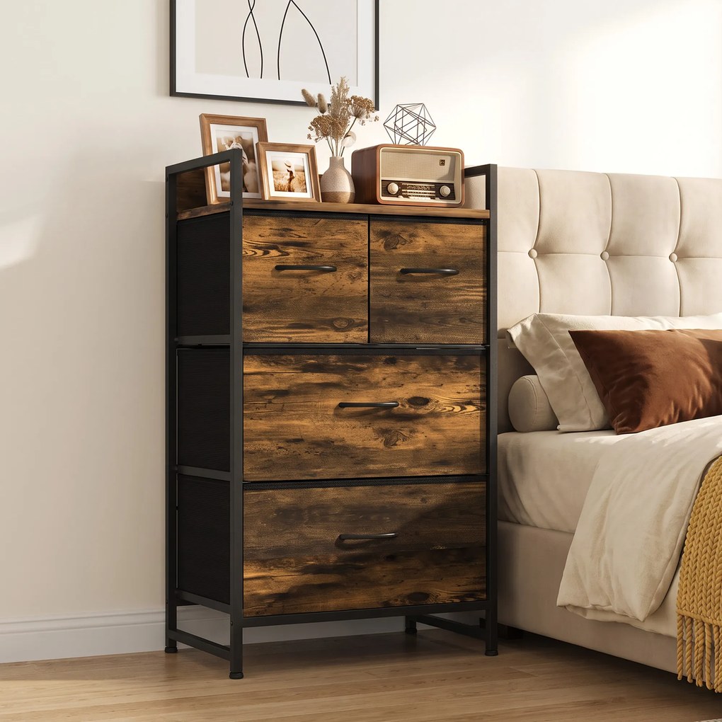 Cómoda com 4 Gavetas em Tecido para Quarto com Prateleira Superior e Estrutura Metálica Castanho Rústico