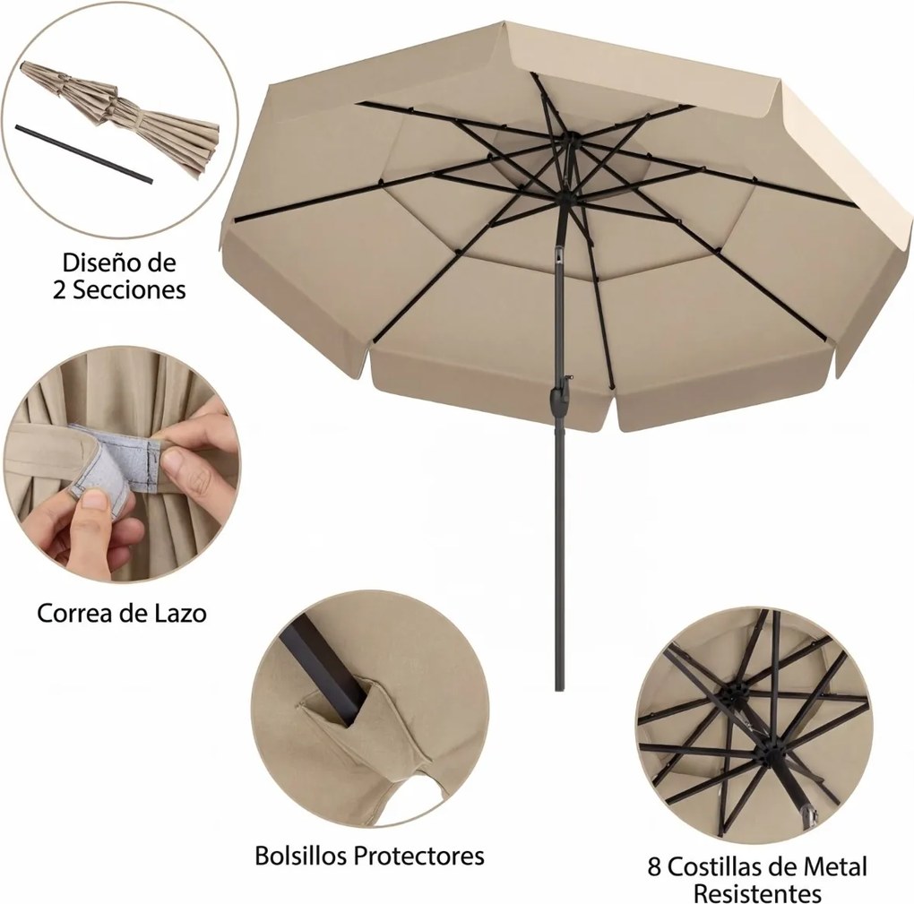 Guarda-sol de 300 cm com teto ventilado (BASE NÃO INCLUIDA), 3 níveis de folhas, inclinação ajustável por manivela e 8 varas – para jardim, piscina e