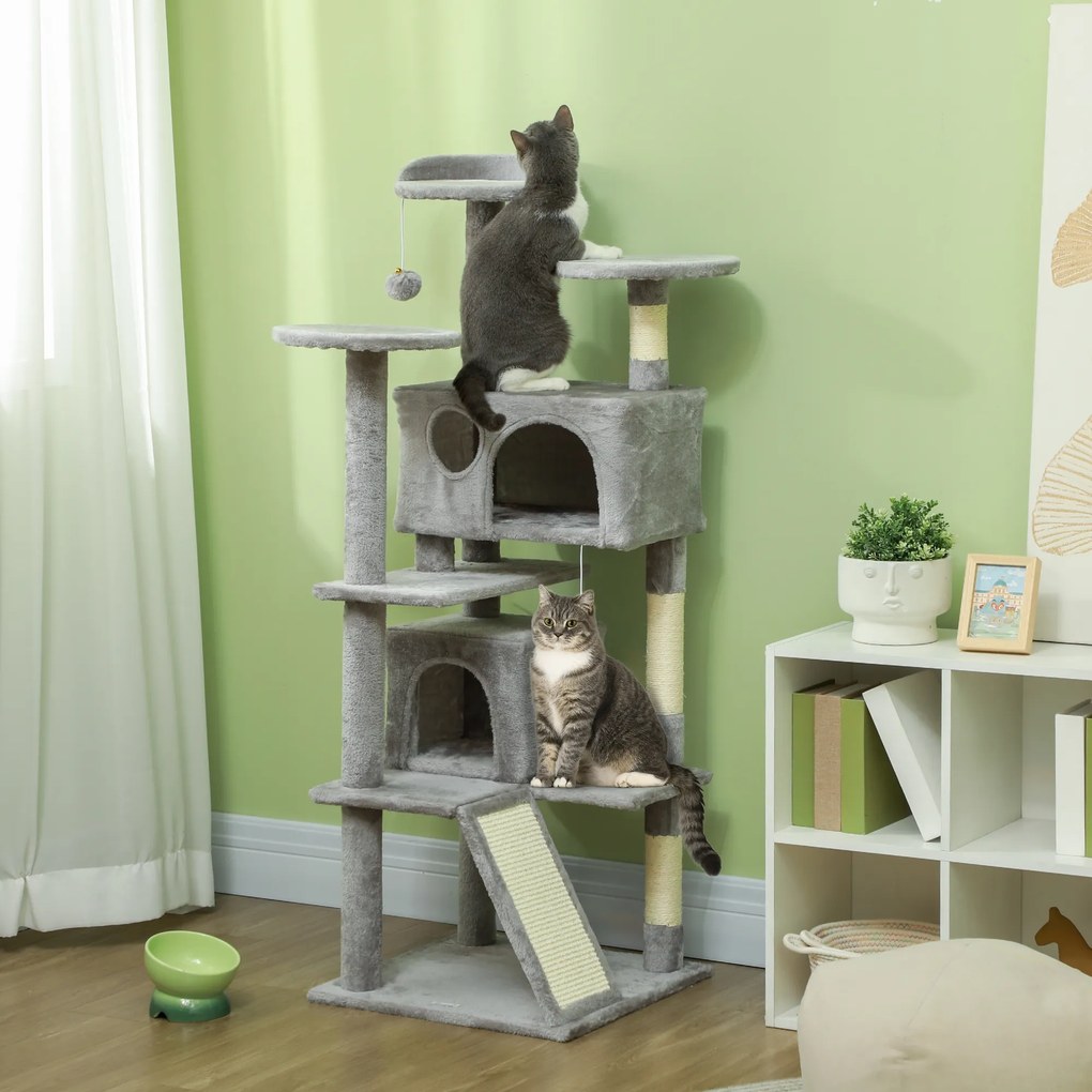 Arranhador para Gatos com Postes de Sisal Plataformas Cavernas Bolas Pendentes e Redes 49x49x138 cm Cinza Claro