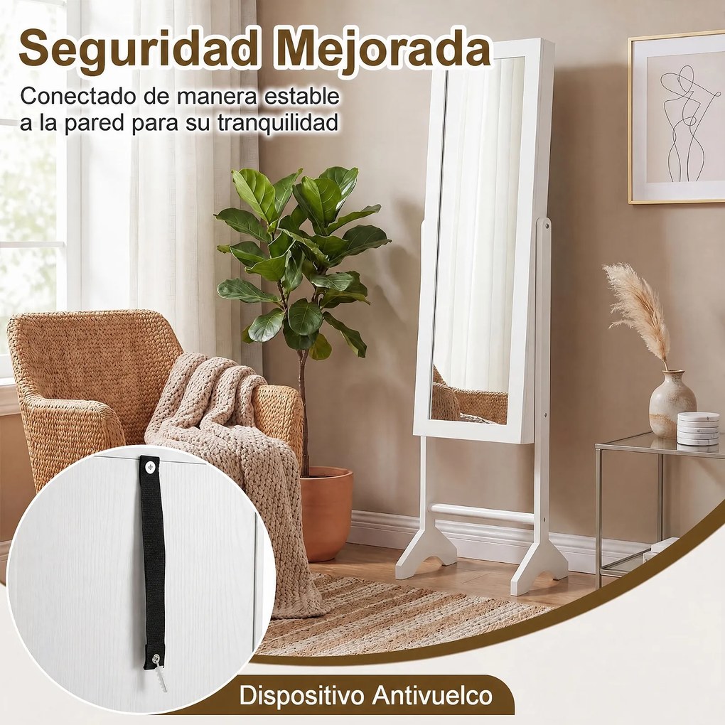 Armário para Joias com Espelho de Corpo Inteiro, 35 x 34 x 154 cm, Armazenamento Organizado, Branco