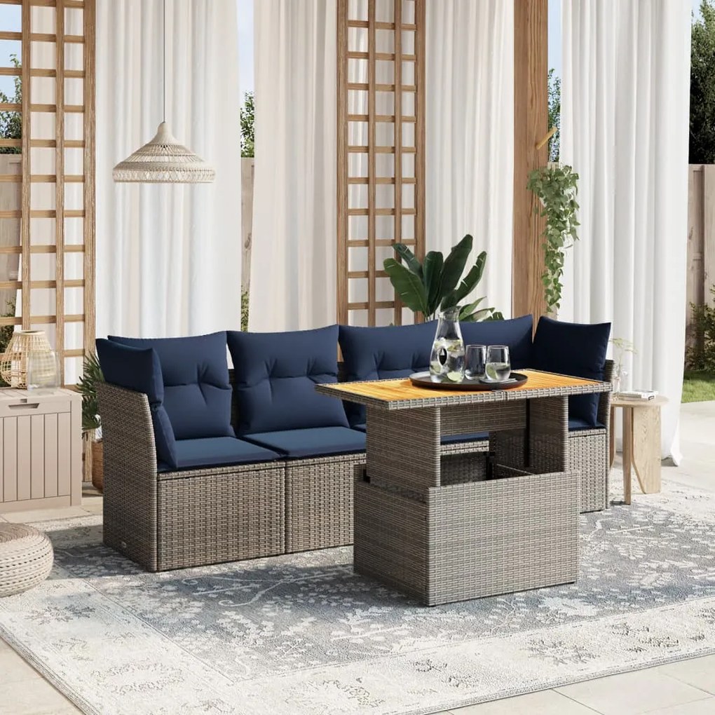 vidaXL 5 pcs conjunto sofás p/ jardim c/ almofadões vime PE cinzento