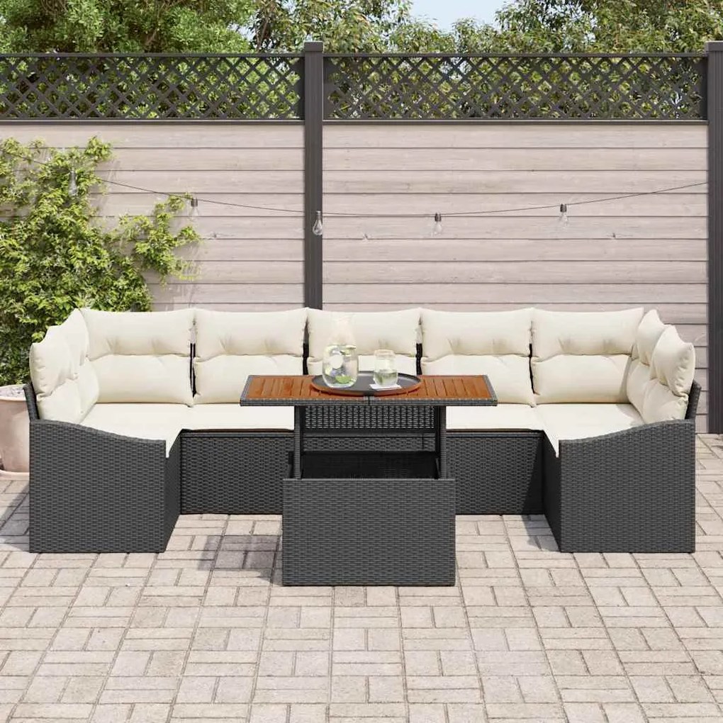 Conjunto de Sofá de Jardim de 8 Peças com Almofadas Preto Vime Poliést