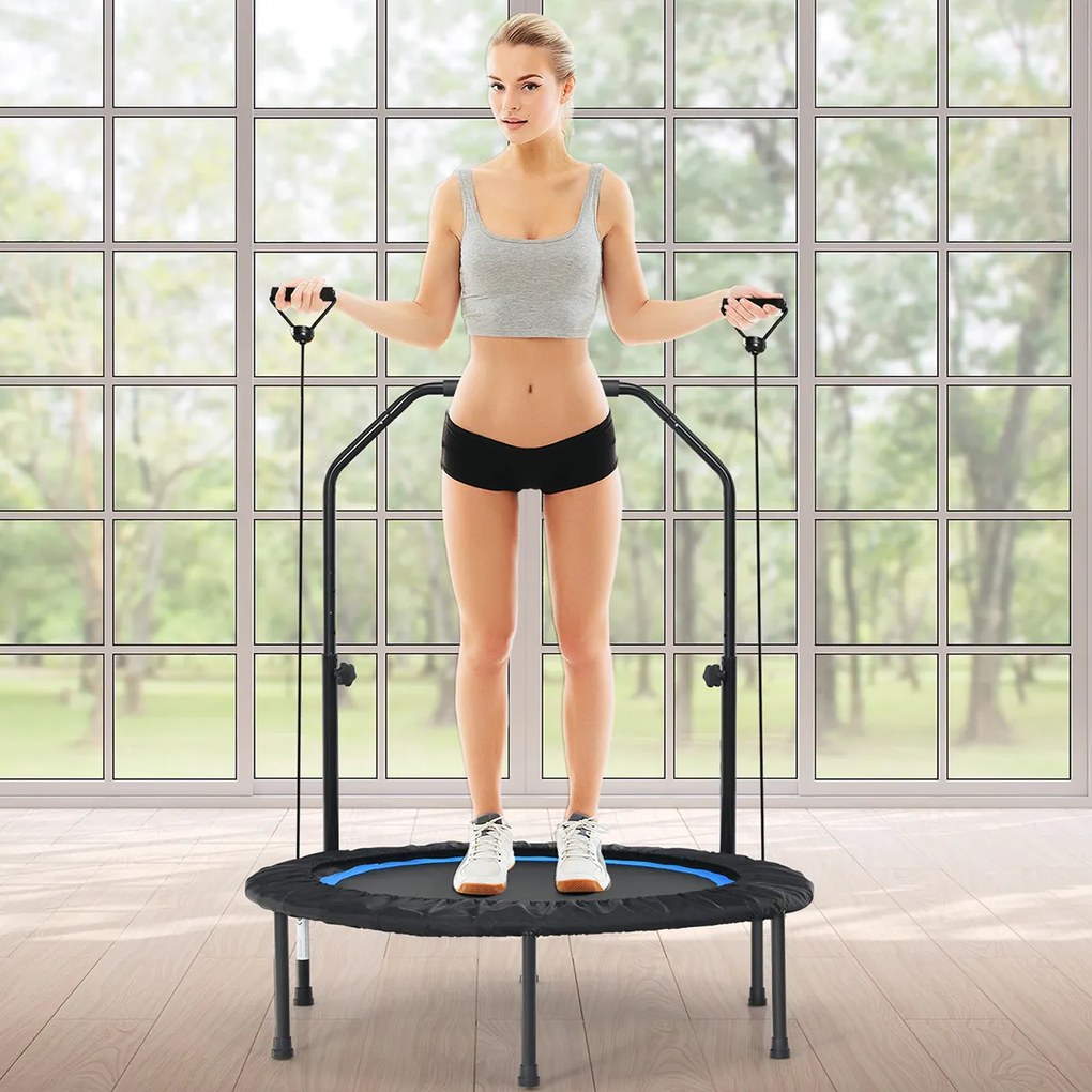 Trampolim dobrável de 101 cm Mini Fitness Trampolim com Cabo Ajustável em Altura com 2 Bandas para Crianças e Adultos Azul