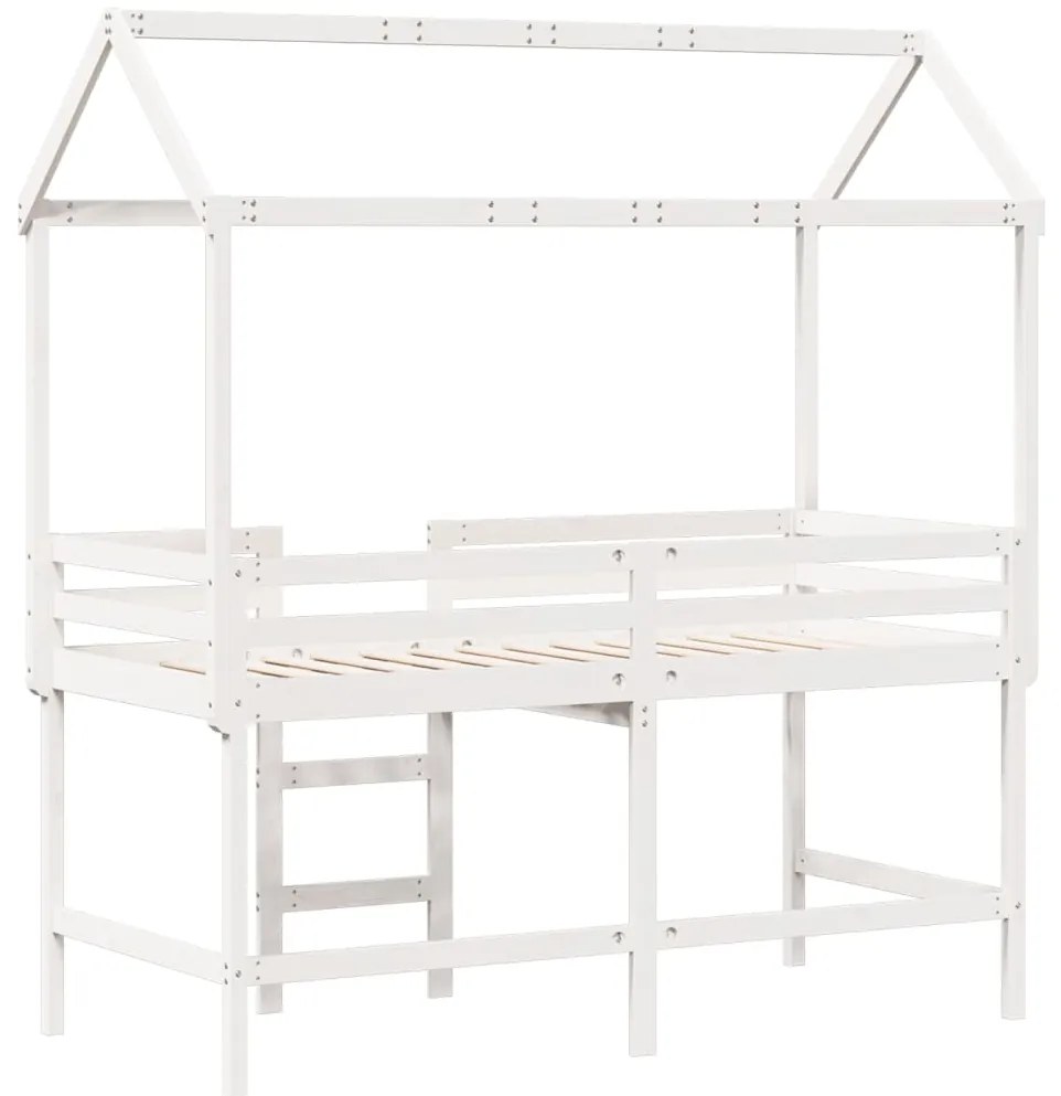 Cama alta c/ escada e telhado 90x200 cm pinho maciço branco
