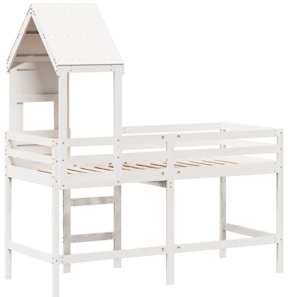 Cama alta c/ escada e telhado 90x190 cm pinho maciço branco