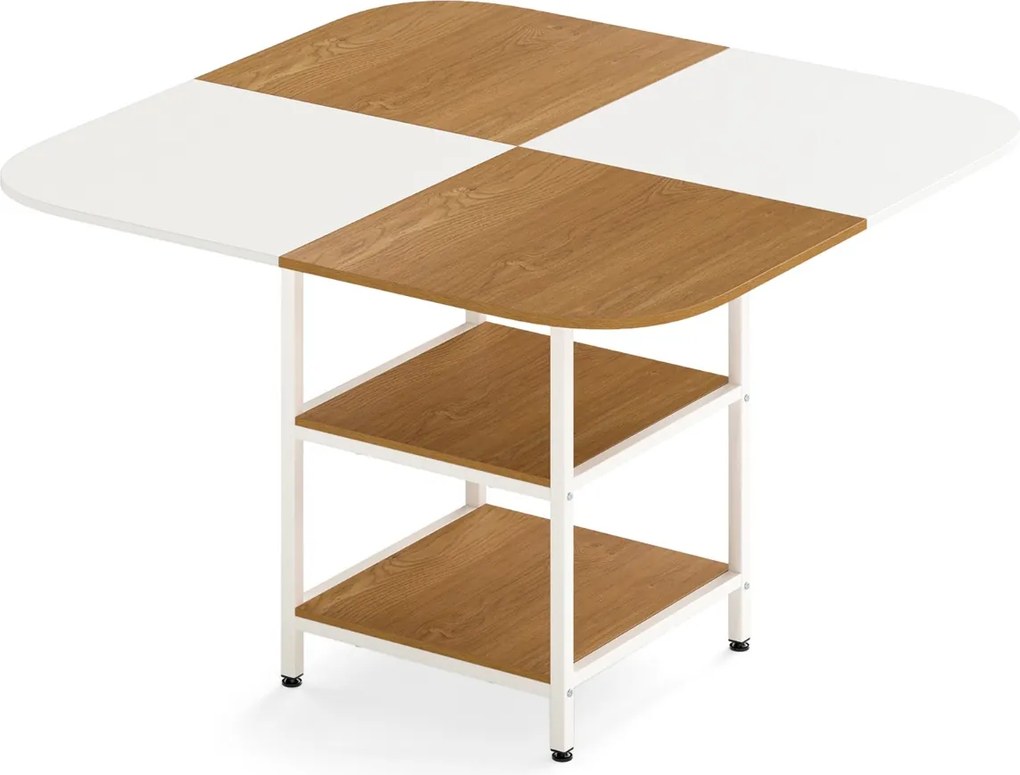 Mesa de jantar moderna quadrada 120 x 120 x 77 cm com tampo multicolorido e prateleira de 2 níveis, pernas ajustáveis em café e branco