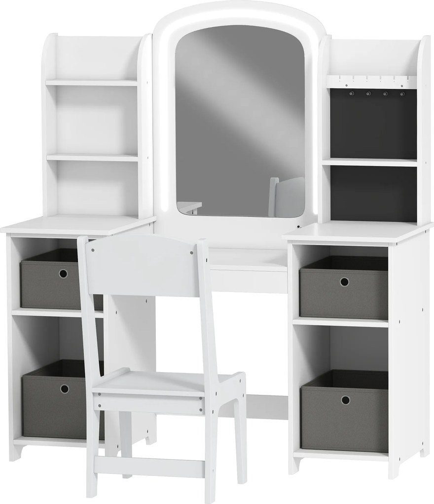 Toucador para crianças com banco e espelho LED 104 x 40 x 112 cm, mesa de maquilhagem para crianças dos 3 aos 8 anos, branca