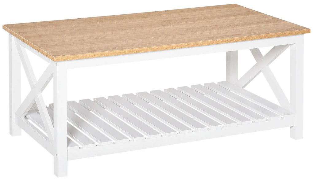 HOMCOM Mesa de Centro para Sala de Estar Mesa de Café com Prateleira de Armazenamento Inferior 116x60x48cm Madeira Natural e Branco