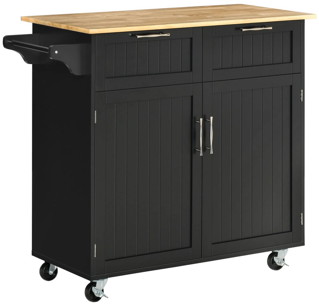 Carrinho de Cozinha com Rodas Móvel Auxiliar de Cozinha com 2 Gavetas 2 Portas Prateleira Ajustável 104x46x91 cm Preto
