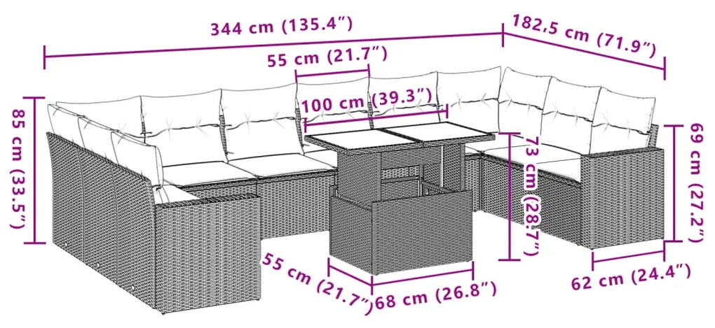 11 pcs conjunto sofás de jardim c/ almofadões vime PE bege